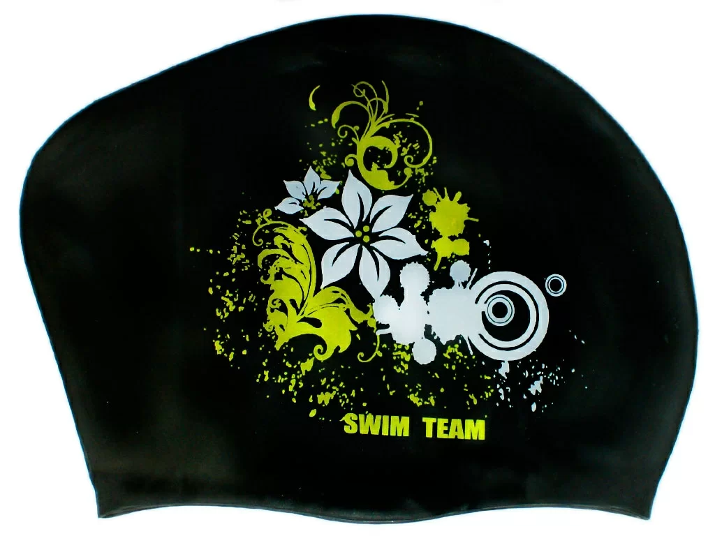 Реальное фото Шапочка для плавания Swim team для длинных волос, цветы (черный) KW-F от магазина СпортСЕ