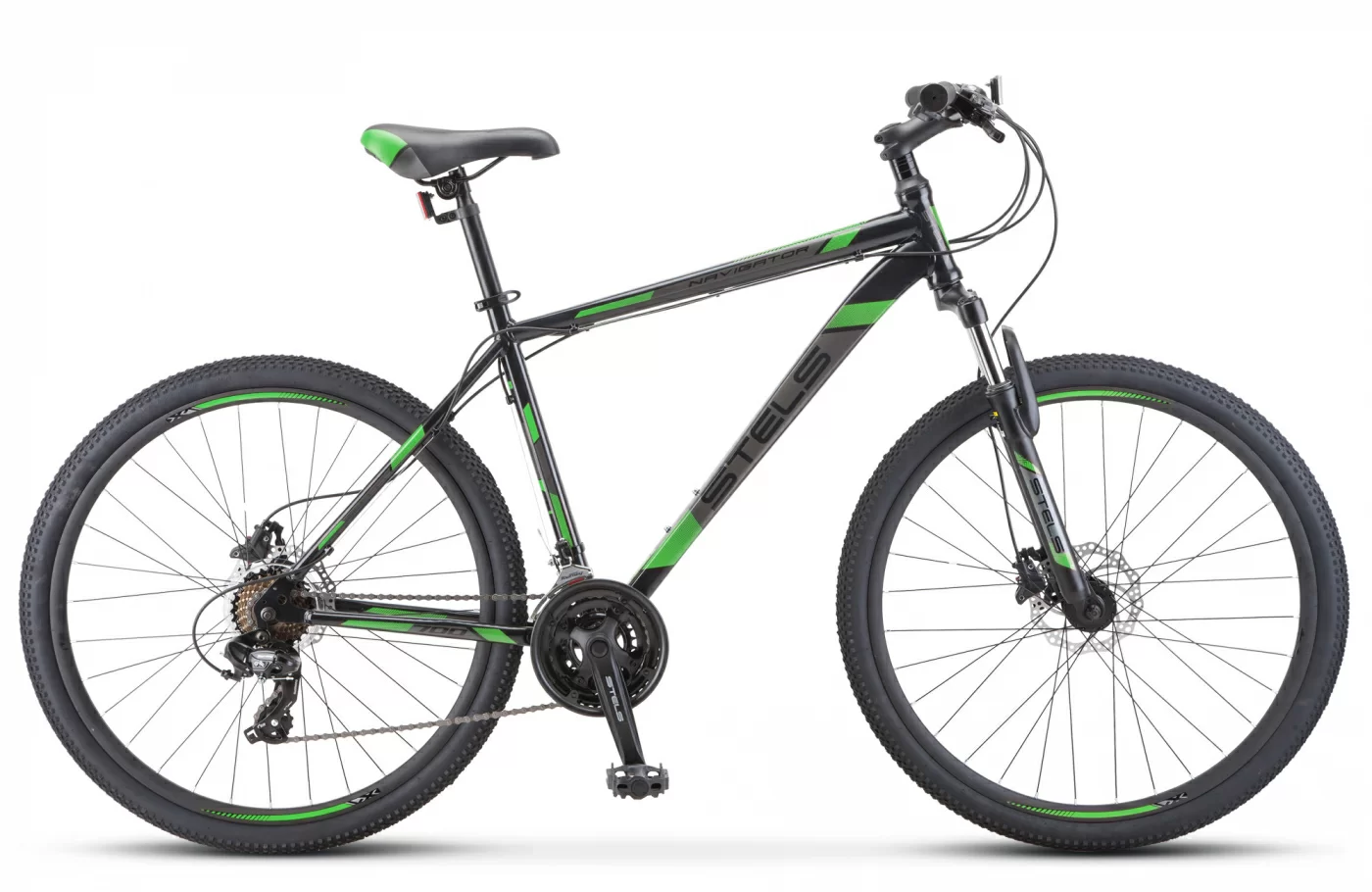 Реальное фото Велосипед Stels Navigator-700 D 27.5" (2021) чёрный/зелёный F010 от магазина СпортСЕ