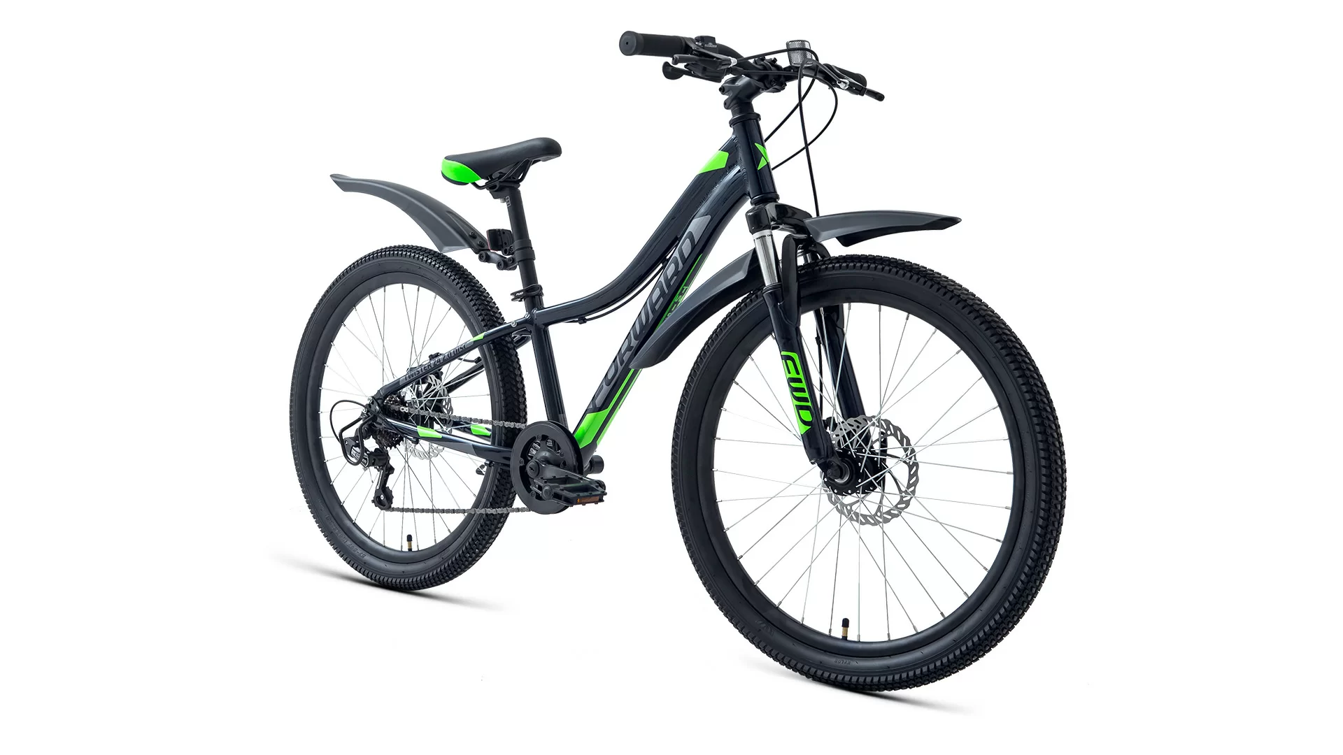 Реальное фото Велосипед Forward Twister 24 2.2 disc (7ск) (2021) черный/ярко-зеленый от магазина СпортСЕ