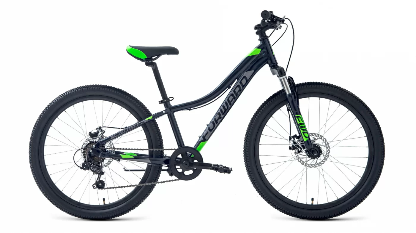 Реальное фото Велосипед Forward Twister 24 2.2 disc (7ск) (2021) черный/ярко-зеленый от магазина СпортСЕ